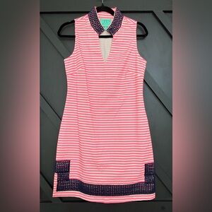 Sail to Sable Pink Stripe Sleeveless Shift Dress Navy Embroidered Trim, Size S